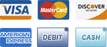 We accept Visa, MasterCard, Discover, American Express, Debit and Cash.